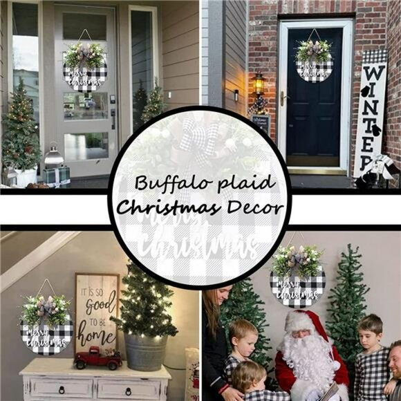 Christmas Wreath Signs, Wood Door Sign, Buffalo Plaid Front Door Decorations - Picture 6 of 7